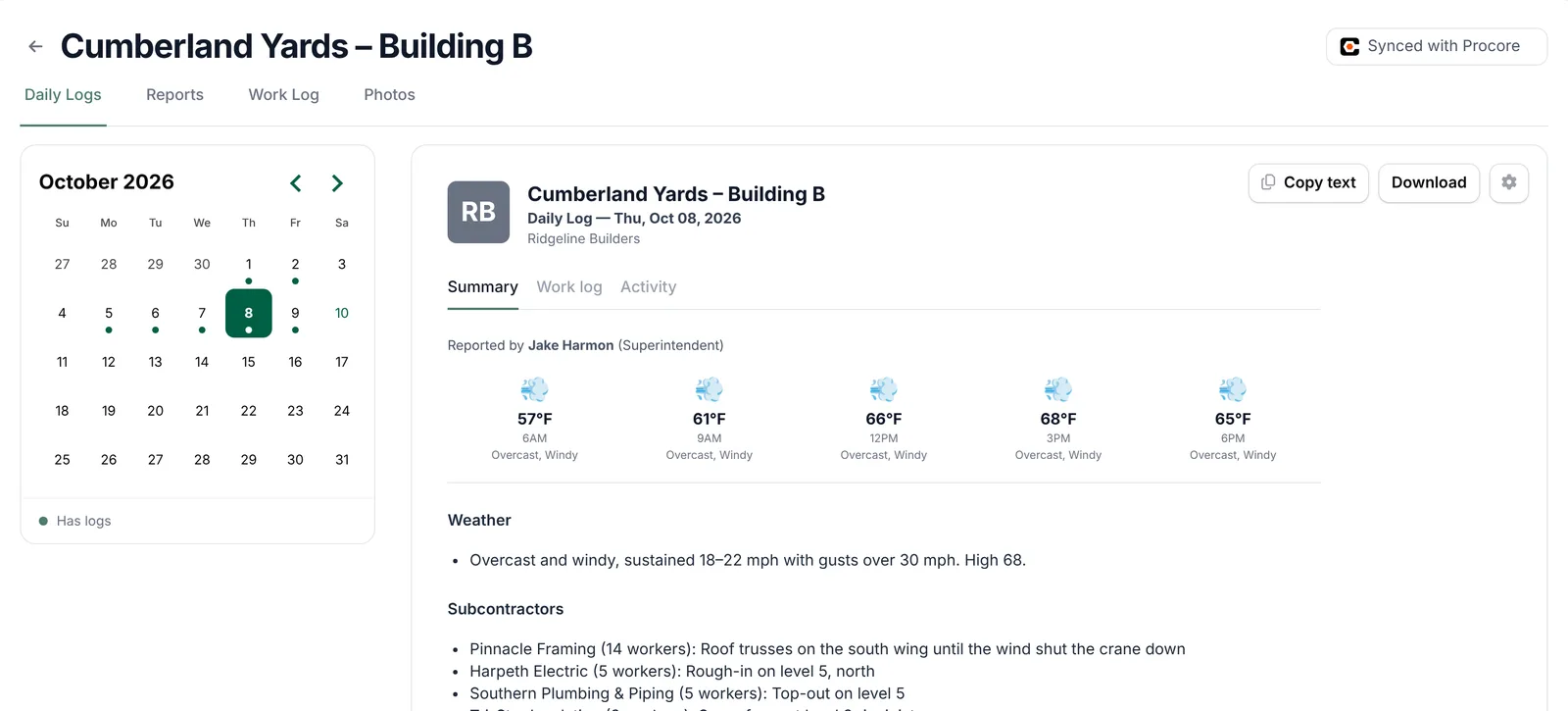 A project's Daily Logs tab with the calendar on the left and the day's Summary on the right.
