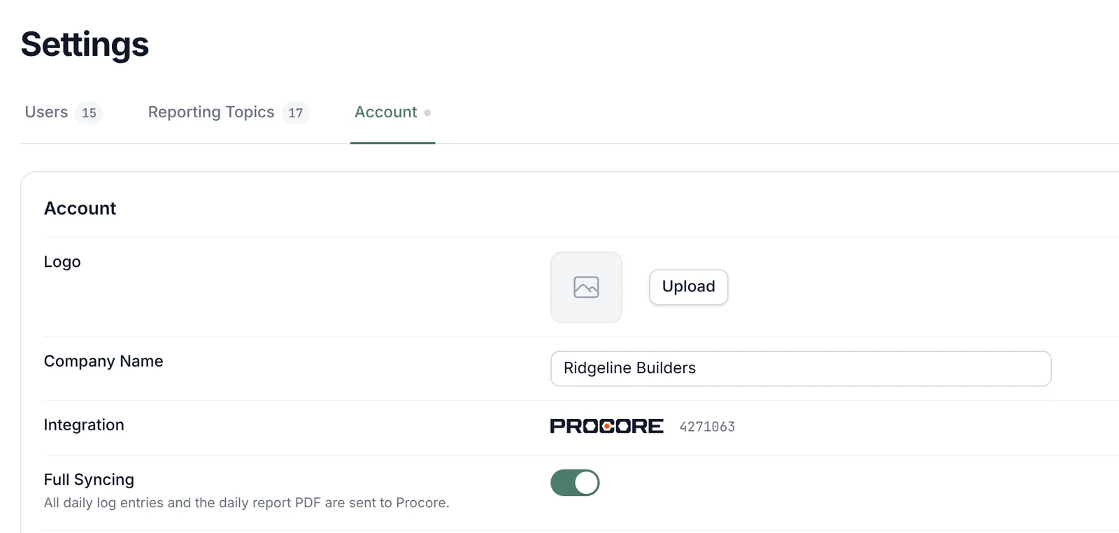 Settings, Account tab, with the Full Syncing switch and its description.