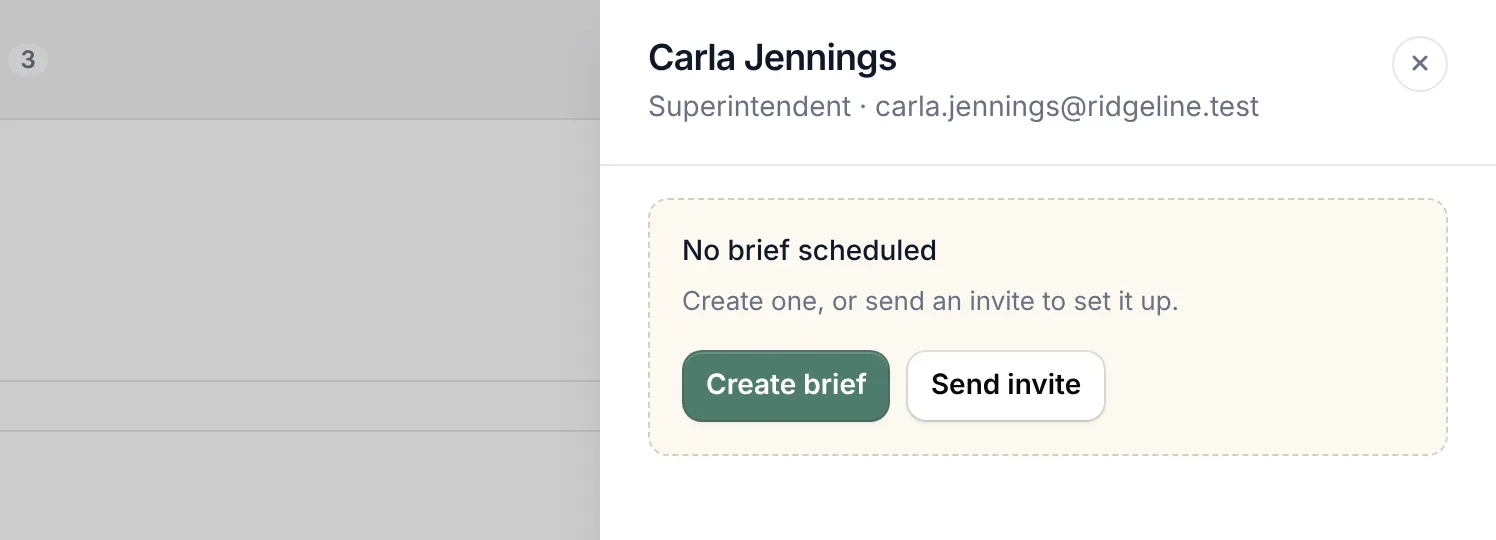 Settings, Users, with a person’s brief panel open on the right, showing No brief scheduled and the Create brief and Send invite buttons.