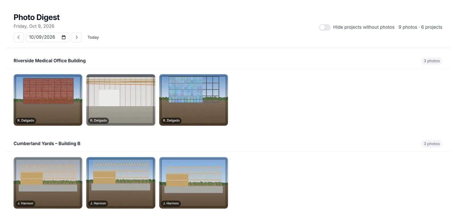 The Photo Digest page, with one row of photos per project for the selected day.