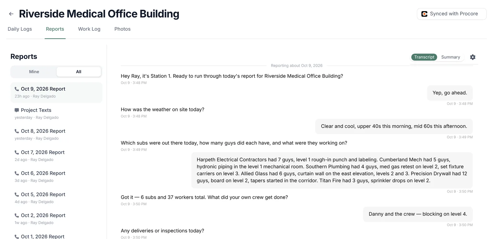 A project's Reports tab with a phone call open, showing the Transcript and Summary toggle.